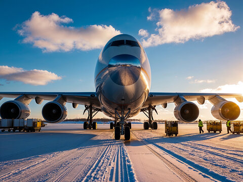 Cargo Airplane on Snowy Runway at Sunrise: Global Air Freight Logistics