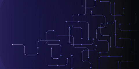 Abstract technology circuit board background with rounded line traces and glowing nodes on dark blue gradient , modern digital network banner