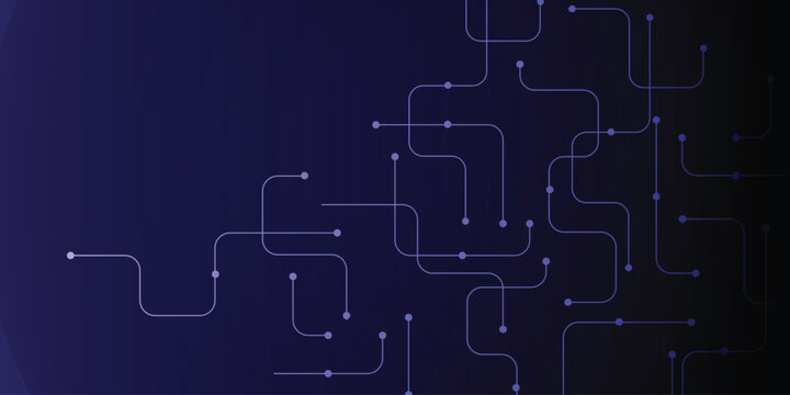 Abstract technology circuit board background with rounded line traces and glowing nodes on dark blue gradient , modern digital network banner