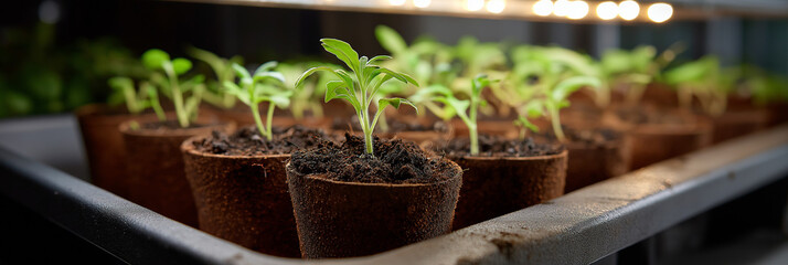 A vibrant image of young seedlings emerging from eco-friendly pots, symbolizing hope for growth and sustainability in an indoor gardening environment.
