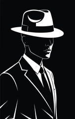 Mystery man in suit and fedora hat silhouette, noir style gentleman illustration, vintage detective character, classic retro crime figure vector art