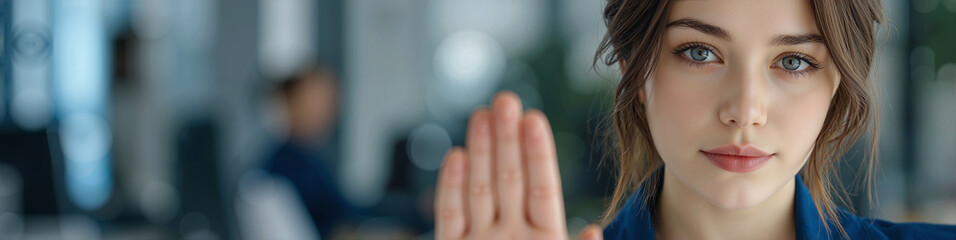 Obraz premium Professional young woman in a striking blue pantsuit holding up hand in a 'stop' gesture. Close-up with a confident, resolved expression in a modern blurred office