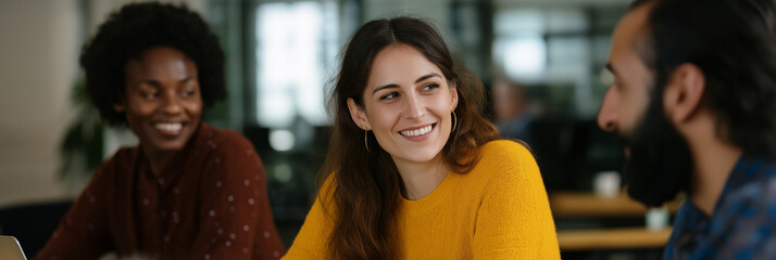 Three friends share a joyful moment, smiling and talking at a communal table, representing connection, laughter, and the warmth of human interaction in a modern setting.