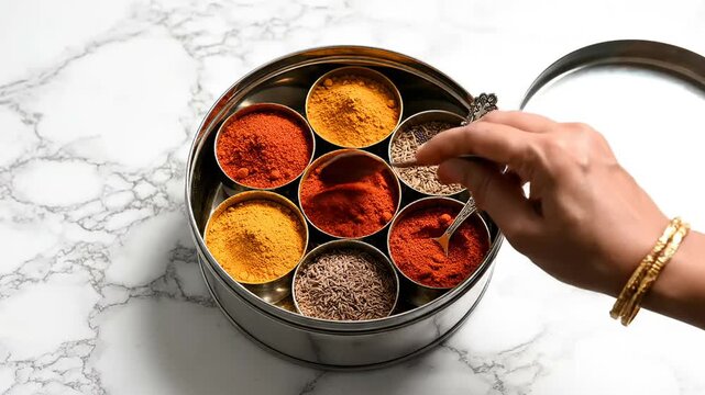 Various spices including turmeric chili powder coriander cumin displayed in masala dabba representing Indian cuisine biryani ingredient variations and culinary diversity