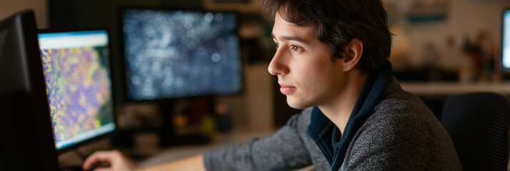 A young man is deeply engaged in computer work, examining data or graphics on the screen in an office setting, showcasing concentration and technological insight.