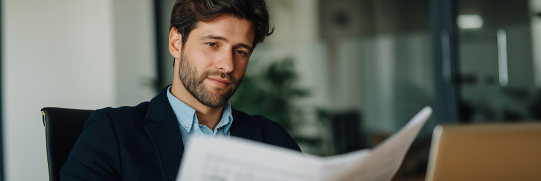 A focused businessman examines documents in a stylish office setting, reflecting professionalism, concentration, and the pursuit of success in a corporate environment.