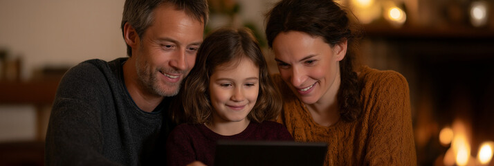 Obraz premium A joyful family sits together by the fire, engaging with a tablet, highlighting the warmth of familial bonding, togetherness, and modern technology in everyday life.