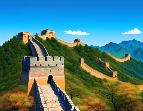 great wall of china ancient stone fortress walls hills - Powered by Adobe