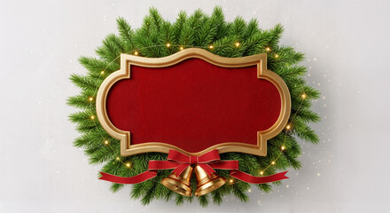 Red Christmas Frame with Pine Garland, Ribbon and Golden Bells Isolated
