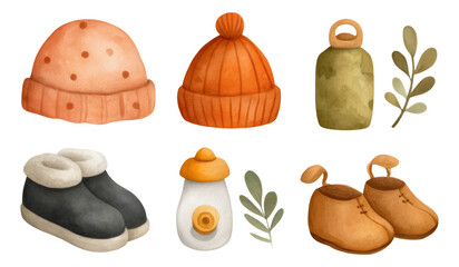 Cozy Autumn Accessories and Items in Soft Watercolor Style on Transparent Background