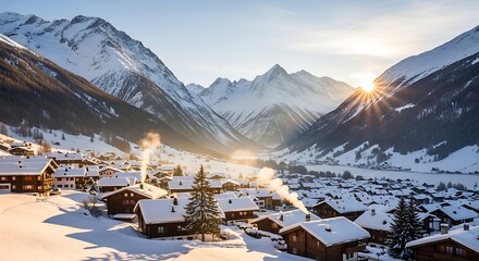 Snowy alpine village nestled in valley beneath sunlit jagged mountain peaks