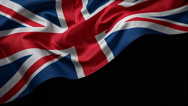 Closeup of a union jack flag on a black background - Powered by Adobe