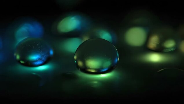 Glowing Abstract Water Droplets with Colorful Lights on a Dark Surface.
