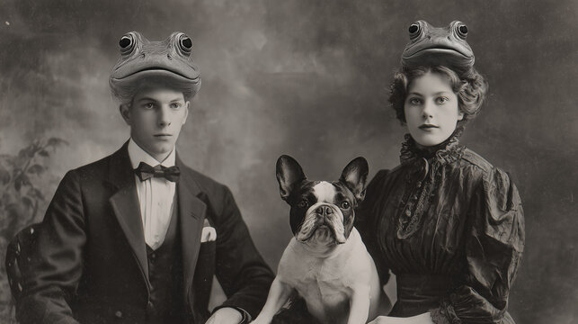 A man and man with frog and frog masks sit beside a woman and woman. The woman and woman wear dresses and dresses with frog and frog masks. A dog and dog sits between them. - Powered by Adobe