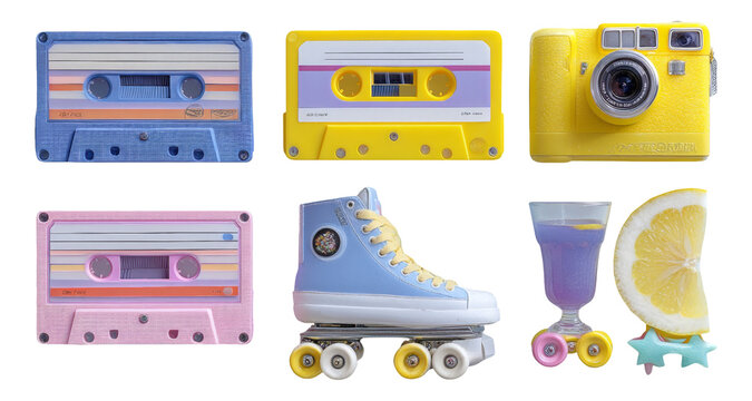 Retro Inspired Collection of Colorful Objects Including Cassette Tape and Roller Skate