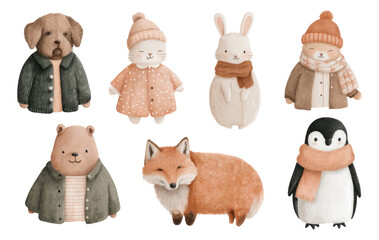Fototapeta premium Cute Animal Characters in Winter Attire with Soft Colors and Transparent Background