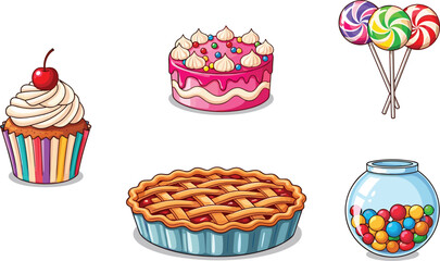 Cartoon dessert vector set, cupcake, round cake, swirl lollipops, fruit pie, candy jar, colorful sweet treats illustration, stock graphic