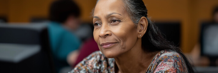 A thoughtful woman with a warm smile, engaged in a moment of reflection, capturing the essence of wisdom and grace amidst a soft, blurred background.