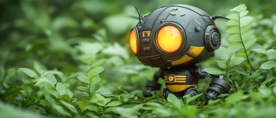 A small, futuristic robot with glowing orange eyes stands amidst vibrant green foliage, creating a whimsical contrast, Ideal for themes of technology blending with nature, innovation