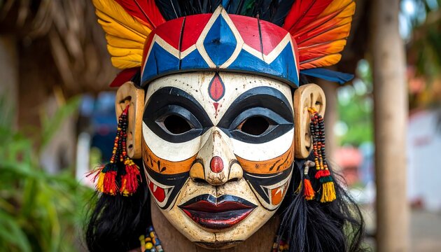 Intricate Tribal Mask with Vibrant Colors and Detailed Design.