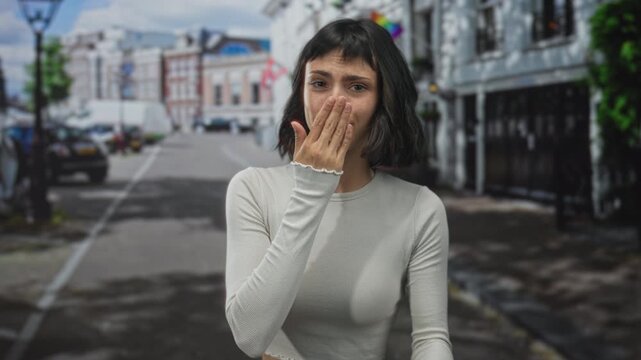 Young hispanic woman covers mouth with both hands on a sunlit bustling urban street; bashfulness shyness timidity coyness.
