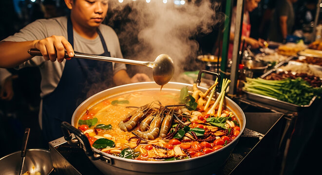 A street food vendor ladles flavorful soup from a large pot, preparing a meal.