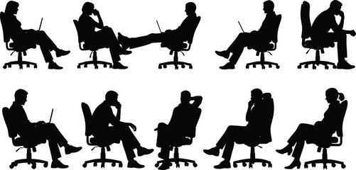 Office chair silhouettes, laptop users, phone calls, seated posture, black figures, remote work, ergonomic study, workplace behavior, white background