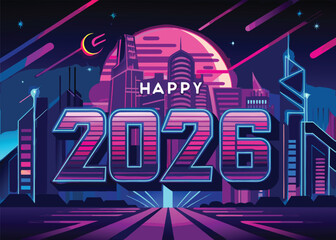 Luxury Golden 2026 Happy New Year Typography Vector Art with Gold Ribbon Confetti on Black Background