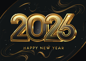 Luxury Golden 2026 Happy New Year Typography Vector Art with Gold Ribbon Confetti on Black Background