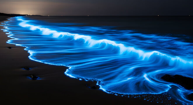 Bioluminescent Waves Crashing on a Dark Sandy Beach at Night glowing waves ocean - Powered by Adobe