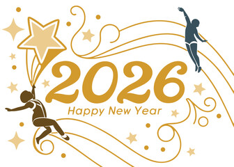 Luxury Golden 2026 Happy New Year Typography Vector Art with Gold Ribbon Confetti on Black Background