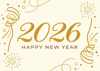 Luxury Golden 2026 Happy New Year Typography Vector Art with Gold Ribbon Confetti on Black Background