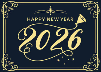 Luxury Golden 2026 Happy New Year Typography Vector Art with Gold Ribbon Confetti on Black Background