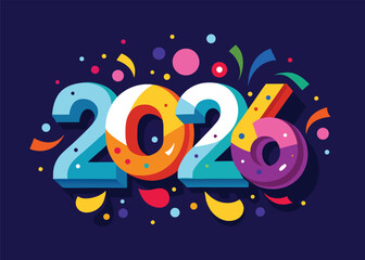 Luxury Golden 2026 Happy New Year Typography Vector Art with Gold Ribbon Confetti on Black Background