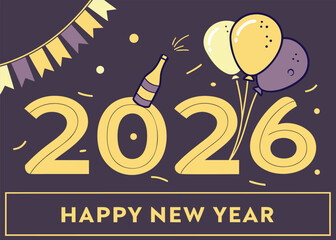 Luxury Golden 2026 Happy New Year Typography Vector Art with Gold Ribbon Confetti on Black Background
