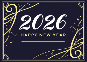 Luxury Golden 2026 Happy New Year Typography Vector Art with Gold Ribbon Confetti on Black Background