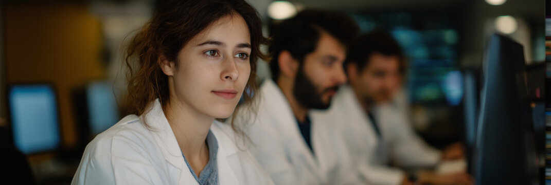 A group of dedicated researchers in lab coats engaged in intense study, showcasing collaboration and focus in a modern research environment with advanced technology.