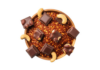 Delicious dark chocolate cashew squares arranged on chili flakes background