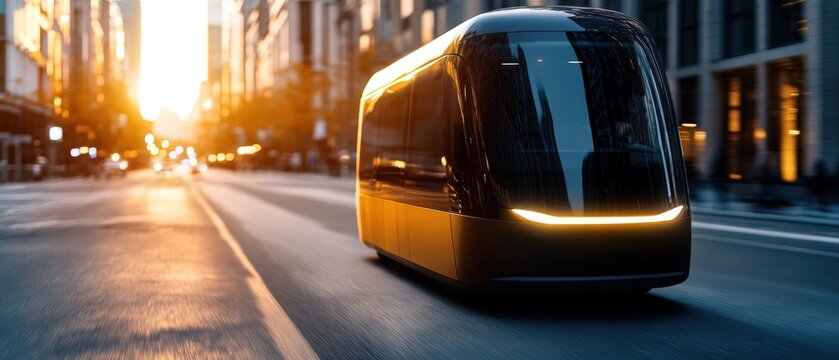A sleek, modern autonomous vehicle travels down a city street during golden hour, showcasing innovation in urban transport, This image is ideal for articles on technology, smart cities