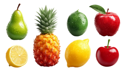 Colorful Collection of Isolated Fruits with Water Drops on Transparent Background
