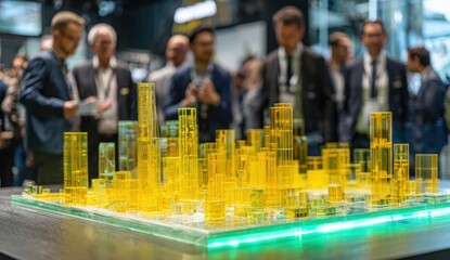 Cityscape model on display at a business conference with attendees.