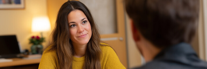 A woman with a thoughtful expression engaging in a counseling session, highlighting the importance of communication, empathy, and support in mental health and personal growth.