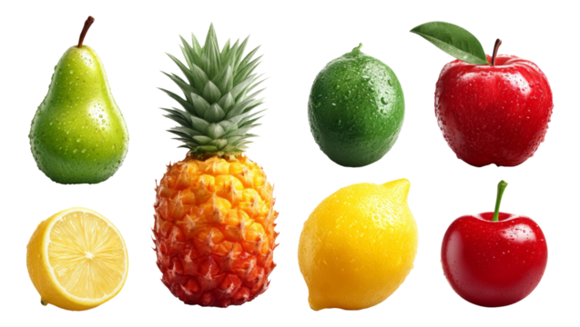 Colorful Collection of Isolated Fruits with Water Drops on Transparent Background
