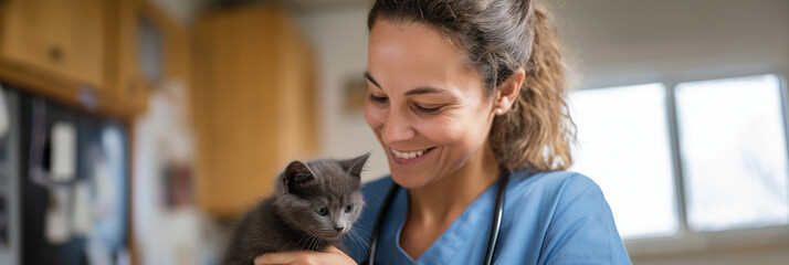A veterinarian smiles lovingly while holding a gray kitten in a warm and caring environment, showcasing the bond between pets and their caregivers in a professional setting.