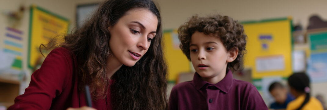 A dedicated teacher patiently helps a young student with their schoolwork in a bright, inviting classroom filled with educational materials, fostering learning and growth.