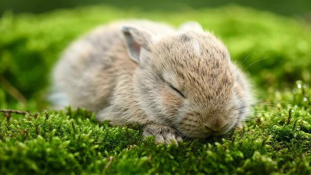 Sleeping Beige Rabbit Resting on Vibrant Green Moss Patch in Soft Natural Light Animal Portrait Small Cute Bunny Wildlife Animal Photography