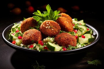 Falafel Balls with Tabbouleh and Pickles on a Dark Plate