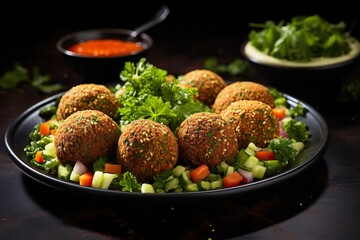 Falafel Balls with Tabbouleh and Pickles on a Dark Plate