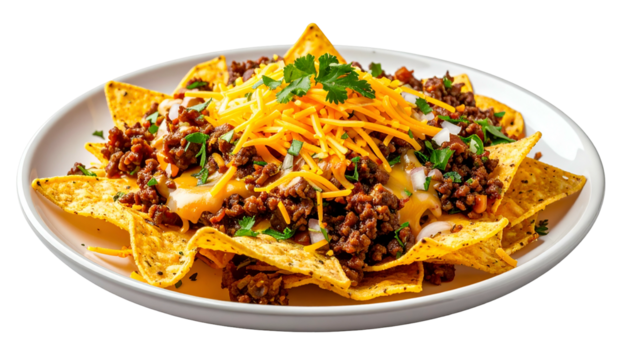 Crispy tortilla chips piled high, topped with seasoned meat, cheese, and fresh herbs