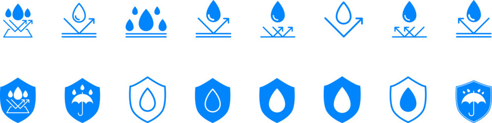 Waterproof icons. Water Proof sign collection. Water resistant symbol. Water protection icon with shield. Vector, PNG, jpeg. Keep dry. Open umbrella with water droplets icons set Water drop protection